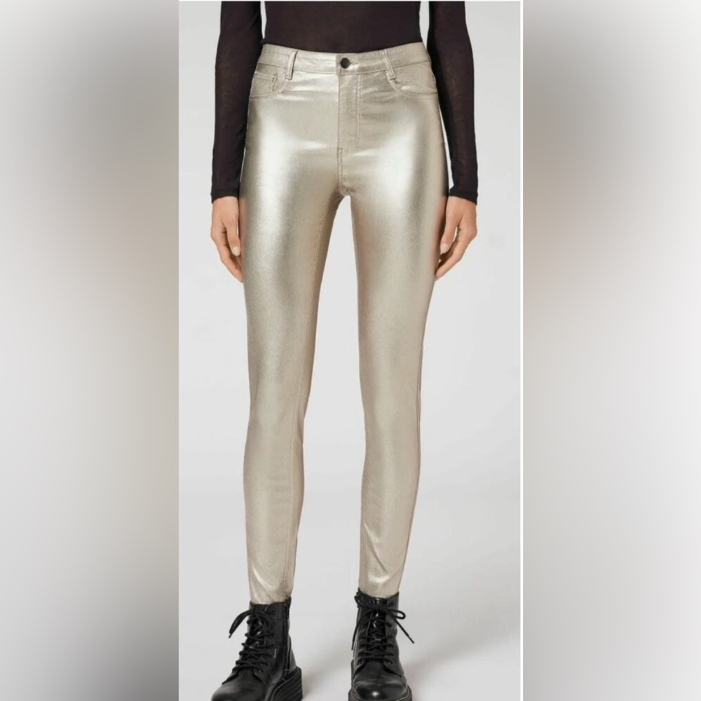 Calzedonia skinny tan gold metallic faux leather pants - size S